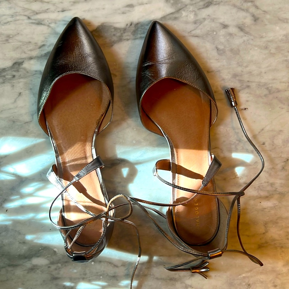 EUC: Halogen pointed toe silver d’orsay flats with tasselled ankle ties.